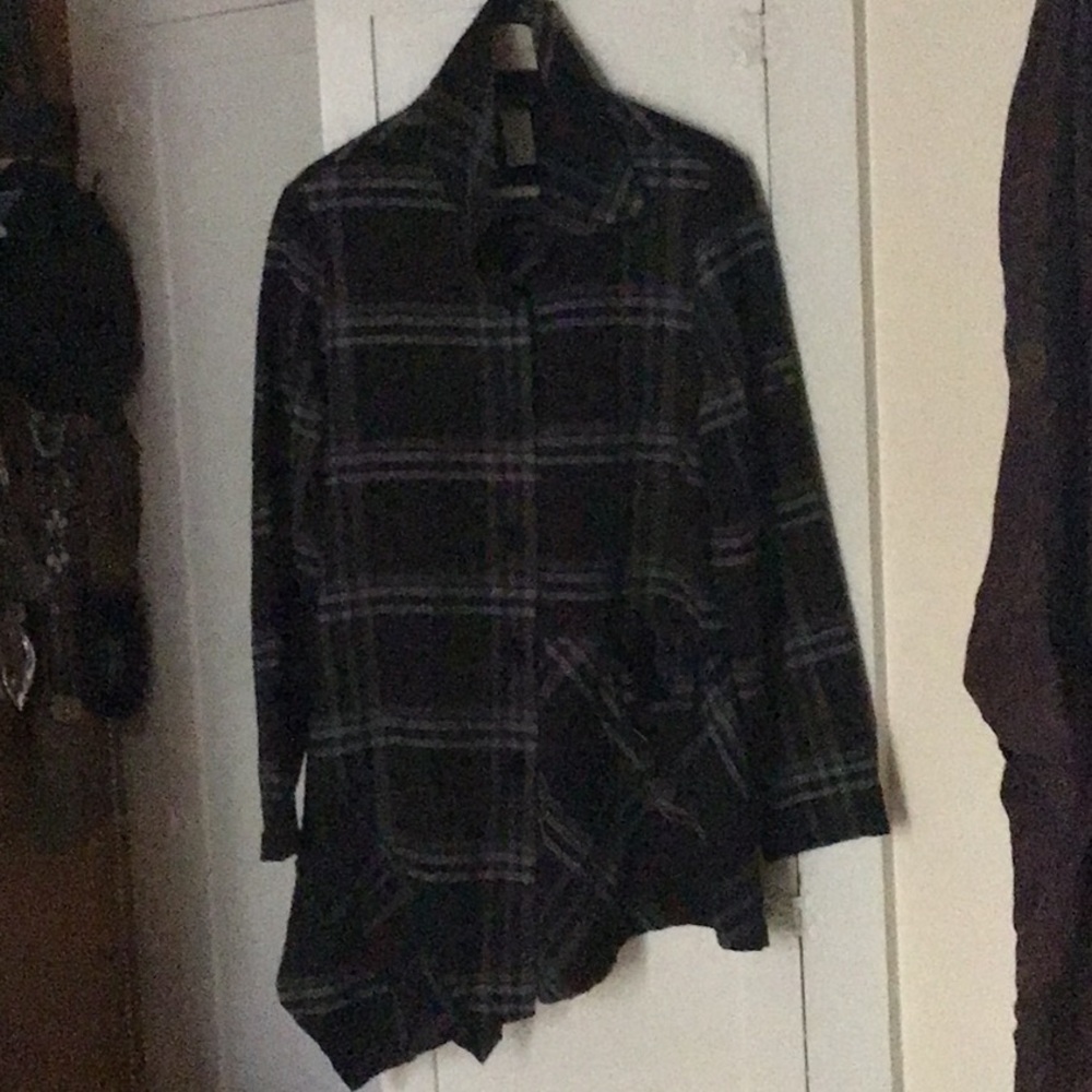 Asymmetrical plaid jacket with high button neck